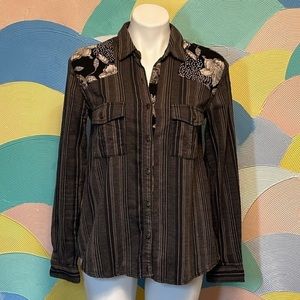 Free People Striped Floral Button Blouse sz XS long sleeve 100 cotton